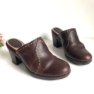 FRYE Candy Pickstitch Brown Leather Chunky Heel Mules Clogs